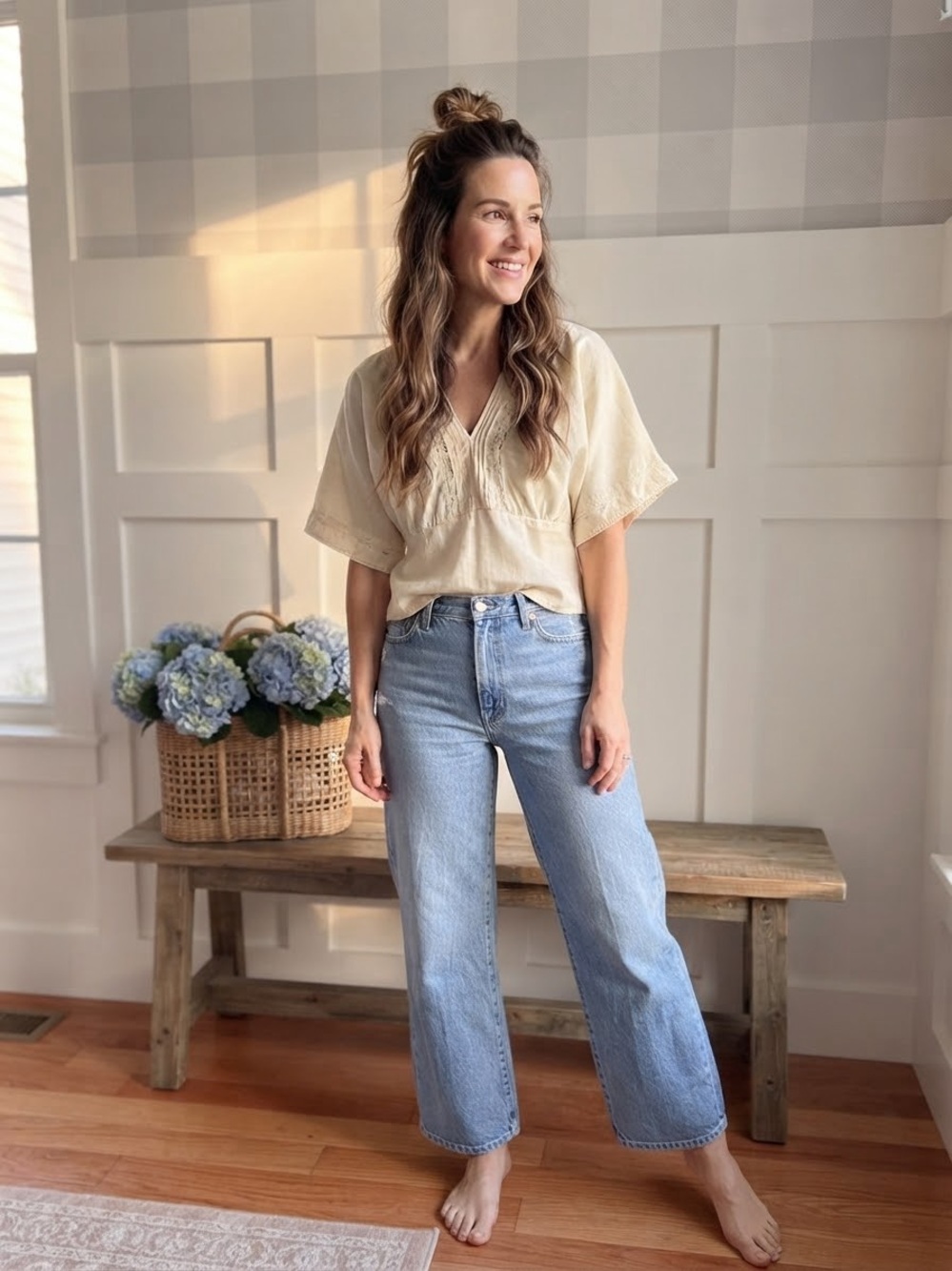 Zara Light Cream Embroidered V-Neck Blouse Small